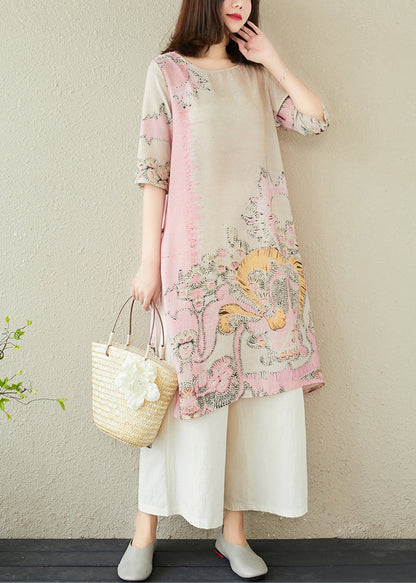 Dress Linen Pink Side Print Open Long Summer FashionChic