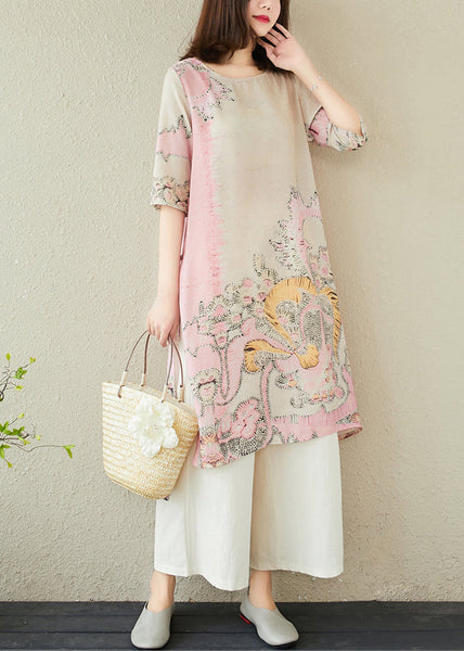 Dress Linen Pink Side Print Open Long Summer FashionChic