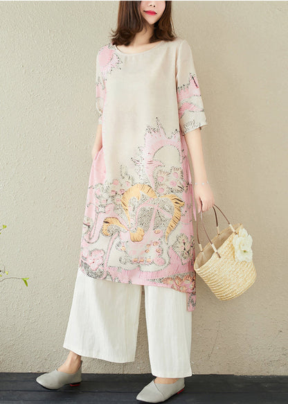 Dress Linen Pink Side Print Open Long Summer FashionChic