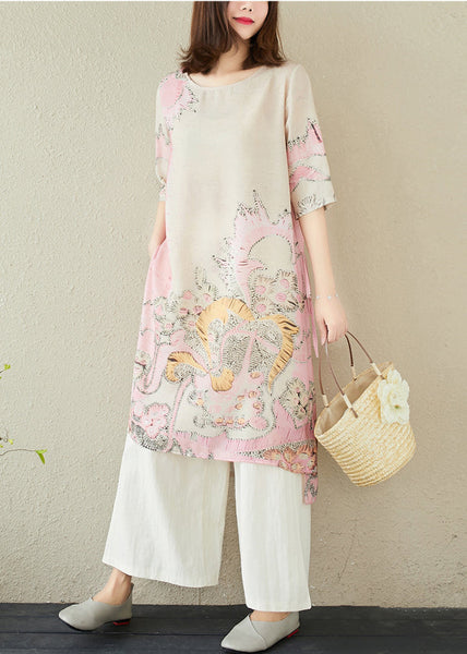 Dress Linen Pink Side Print Open Long Summer FashionChic