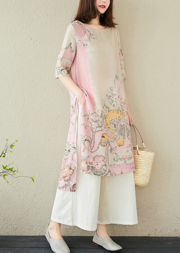 Dress Linen Pink Side Print Open Long Summer FashionChic