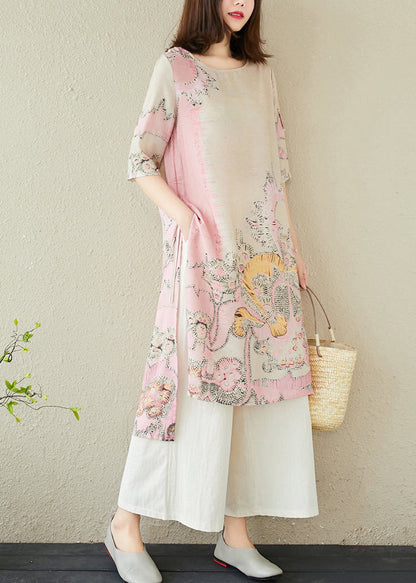 Dress Linen Pink Side Print Open Long Summer FashionChic
