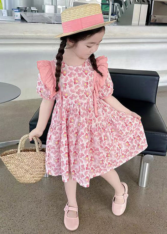 Pink Print Patchwork Cotton Girls Dress O Neck Short Sleeve TT016 MM-RCTZSDGL240816