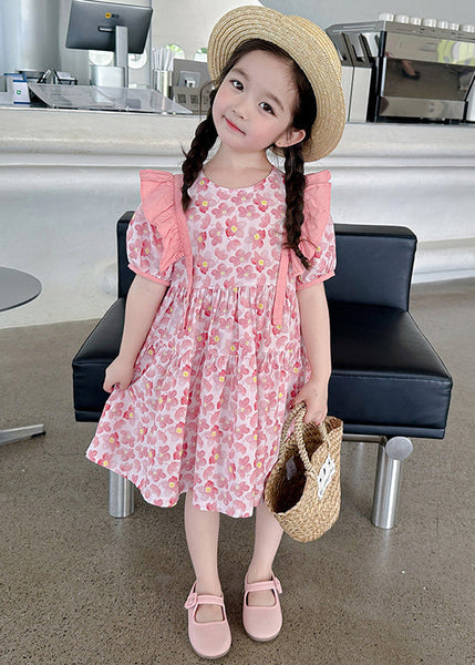 Pink Print Patchwork Cotton Girls Dress O Neck Short Sleeve TT016 MM-RCTZSDGL240816