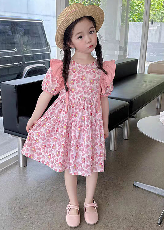 Pink Print Patchwork Cotton Girls Dress O Neck Short Sleeve TT016 MM-RCTZSDGL240816