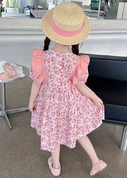 Pink Print Patchwork Cotton Girls Dress O Neck Short Sleeve TT016 MM-RCTZSDGL240816