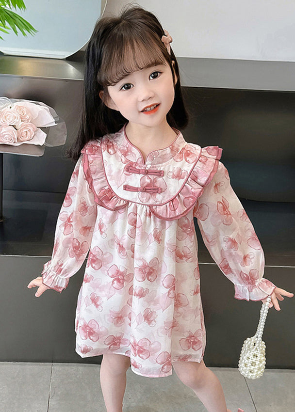 Pink Print Patchwork Cotton Girls Dresses Stand Collar Fall XZ088 FALL-MM-RCTZ-FDGM240618