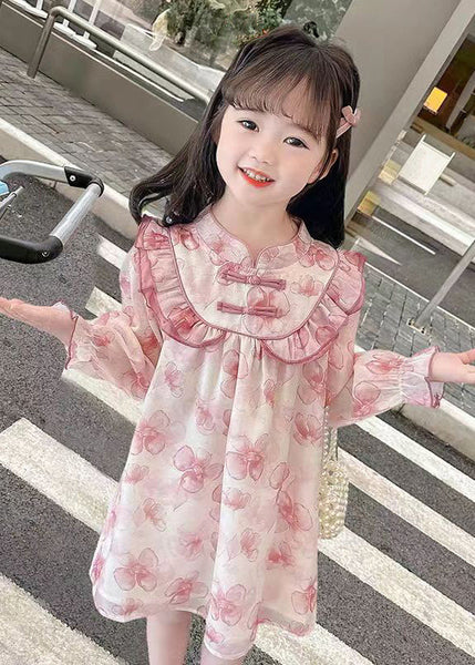 Pink Print Patchwork Cotton Girls Dresses Stand Collar Fall XZ088 FALL-MM-RCTZ-FDGM240618