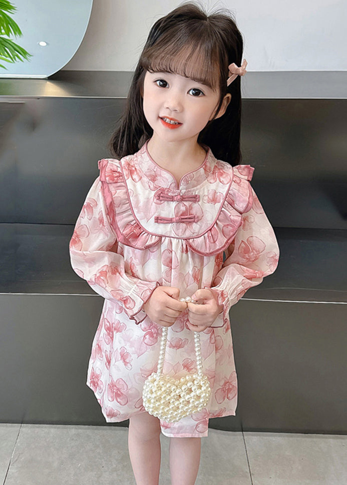 Pink Print Patchwork Cotton Girls Dresses Stand Collar Fall XZ088 FALL-MM-RCTZ-FDGM240618