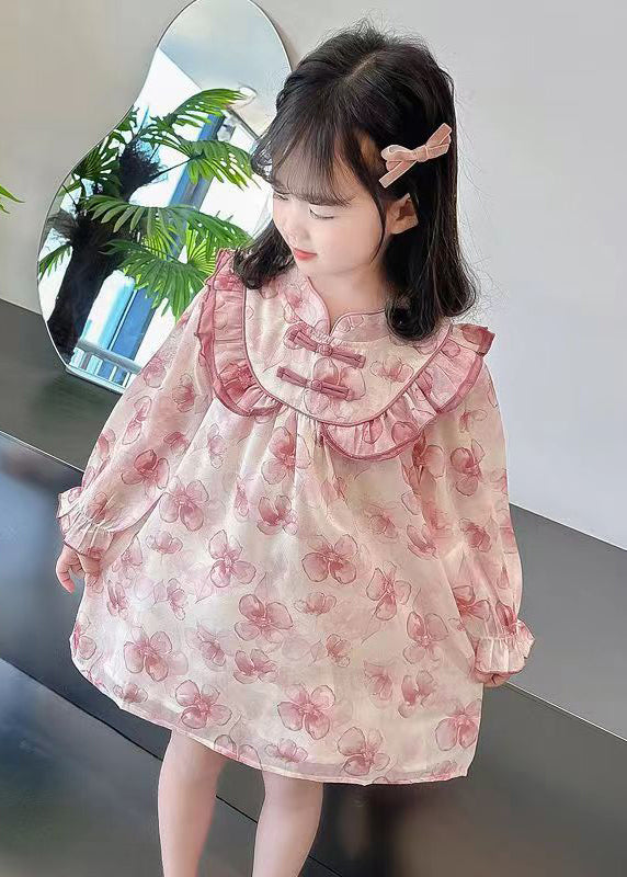 Pink Print Patchwork Cotton Girls Dresses Stand Collar Fall XZ088 FALL-MM-RCTZ-FDGM240618