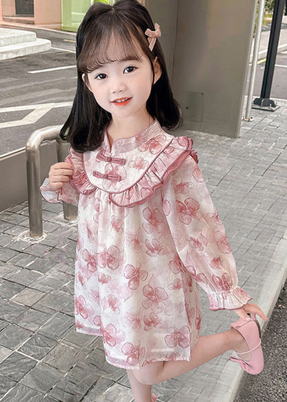 Pink Print Patchwork Cotton Girls Dresses Stand Collar Fall XZ088 FALL-MM-RCTZ-FDGM240618
