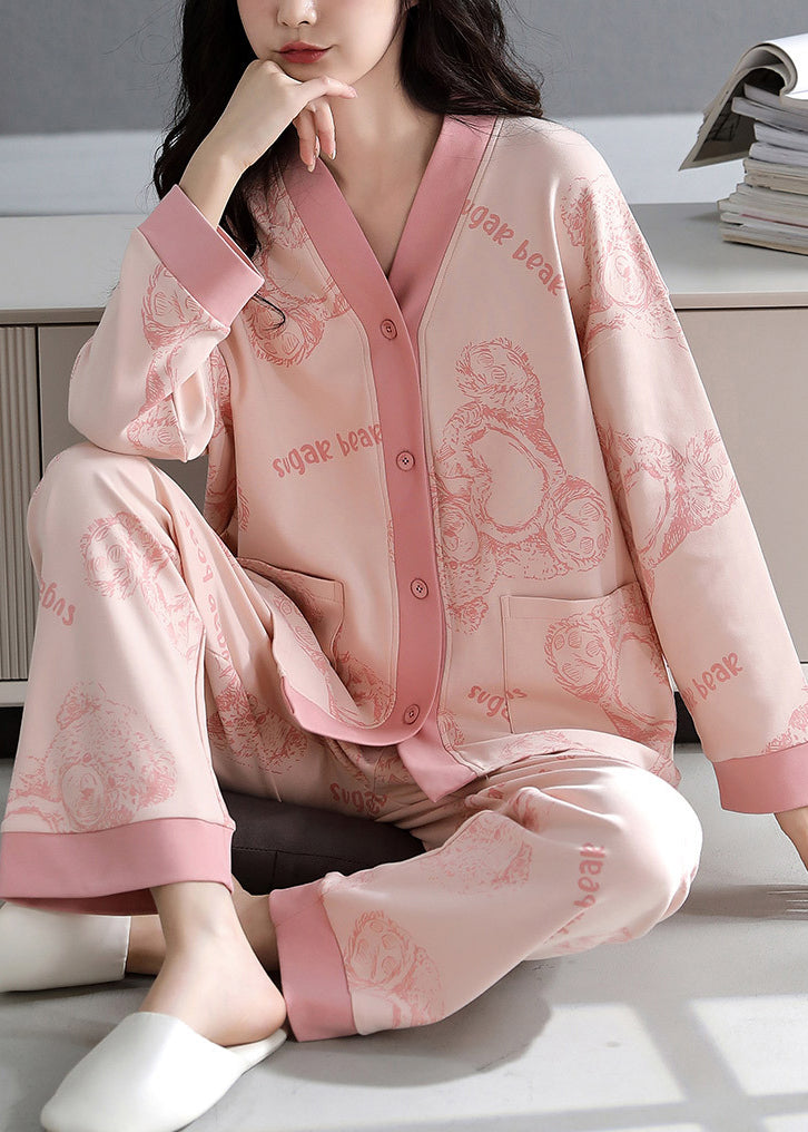 Fall Neck Pockets V Pajamas Print Pink Set Two-Piece Cotton FashionChic