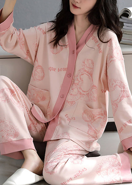Fall Neck Pockets V Pajamas Print Pink Set Two-Piece Cotton FashionChic