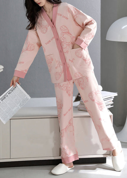 Fall Neck Pockets V Pajamas Print Pink Set Two-Piece Cotton FashionChic