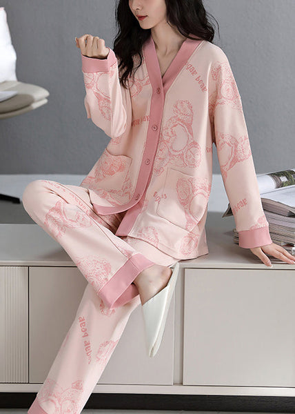 Fall Neck Pockets V Pajamas Print Pink Set Two-Piece Cotton FashionChic