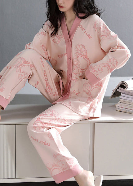 Fall Neck Pockets V Pajamas Print Pink Set Two-Piece Cotton FashionChic