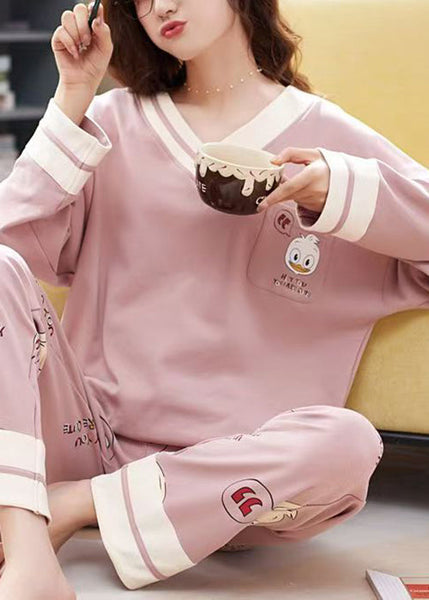 Set Pink Pockets Neck V Print Cotton Pajamas Patchwork Two-Piece FashionChic