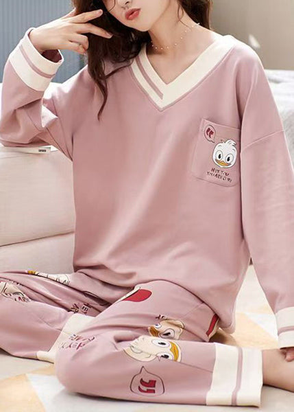 Set Pink Pockets Neck V Print Cotton Pajamas Patchwork Two-Piece FashionChic