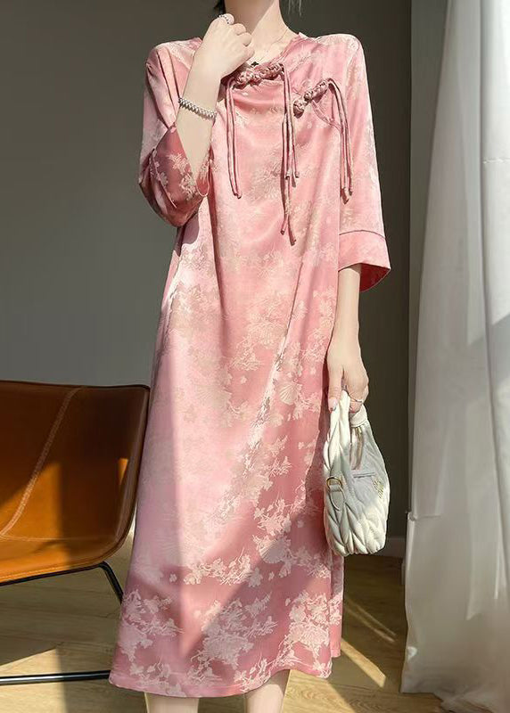 Pink Print Silk Long Dresses O Neck Bracelet Sleeve AB1033 Genistyle Shop