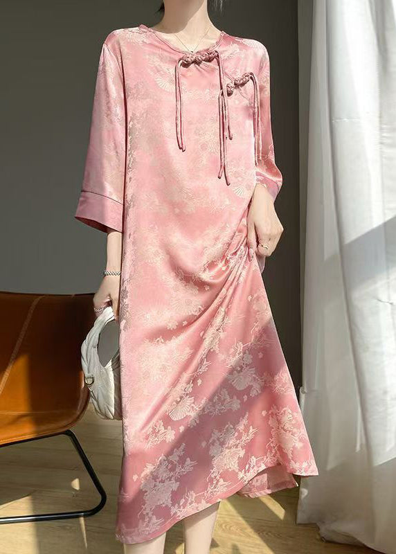 Pink Print Silk Long Dresses O Neck Bracelet Sleeve AB1033 Genistyle Shop