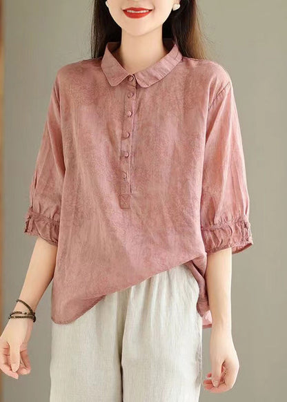 Pink Print Solid Linen Top Button Half Sleeve GG021 MZF-HTP240610