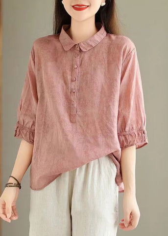 Pink Print Solid Linen Top Button Half Sleeve GG021 MZF-HTP240610