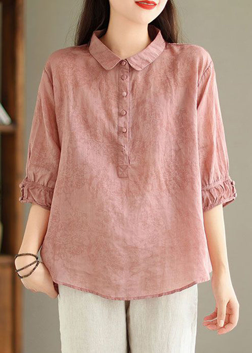 Pink Print Solid Linen Top Button Half Sleeve GG021 MZF-HTP240610