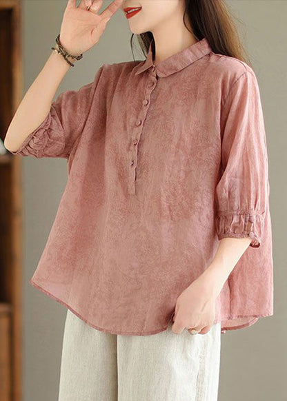 Pink Print Solid Linen Top Button Half Sleeve GG021 MZF-HTP240610