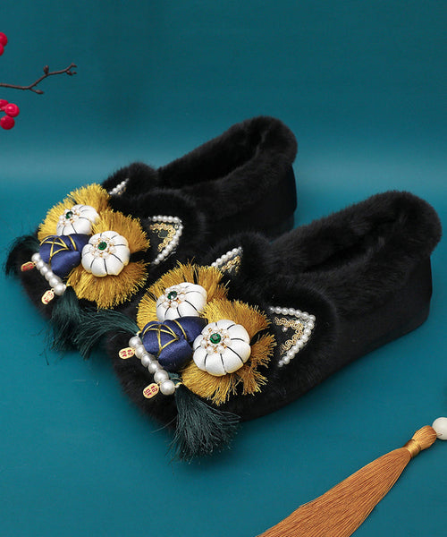 Pink Retro Nail Bead Splicing Flat Shoes Fuzzy Wool Lined TQ061 ABC