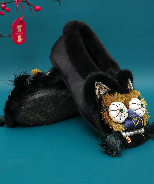 Pink Retro Nail Bead Splicing Flat Shoes Fuzzy Wool Lined TQ061 ABC