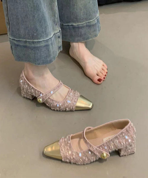Pink Sequins Buckle Strap Splicing Chunky Heel Loafers XC1038 Ada Fashion