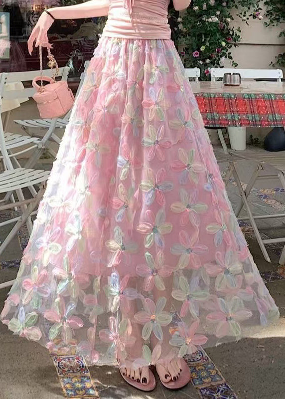 Skirts Pink Line A Tulle Sequins Waist Elastic FashionChic