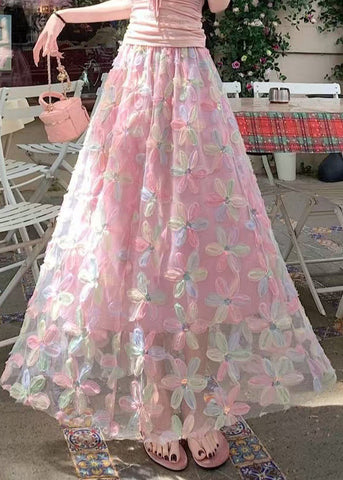 Skirts Pink Line A Tulle Sequins Waist Elastic FashionChic