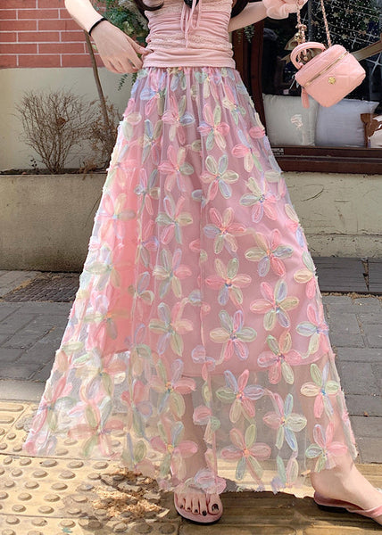 Skirts Pink Line A Tulle Sequins Waist Elastic FashionChic