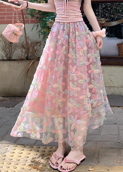 Skirts Pink Line A Tulle Sequins Waist Elastic FashionChic