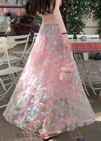 Skirts Pink Line A Tulle Sequins Waist Elastic FashionChic