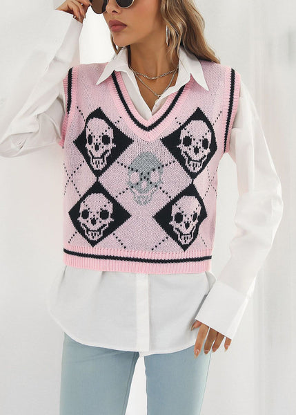 Pink Skull Cozy Patchwork Knit Vest V Neck Fall AE1021 OM-HW240901