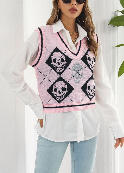 Pink Skull Cozy Patchwork Knit Vest V Neck Fall AE1021 OM-HW240901