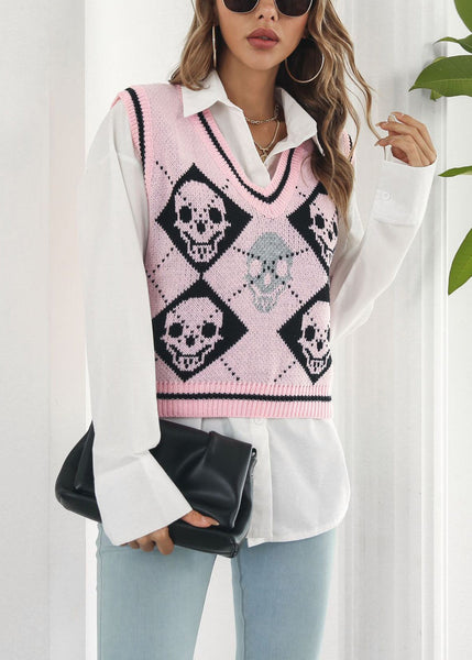 Pink Skull Cozy Patchwork Knit Vest V Neck Fall AE1021 OM-HW240901