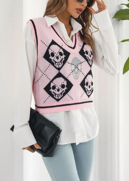 Pink Skull Cozy Patchwork Knit Vest V Neck Fall AE1021 OM-HW240901