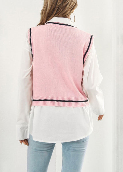 Pink Skull Cozy Patchwork Knit Vest V Neck Fall AE1021 OM-HW240901