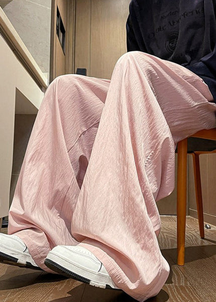 Wide Pants Waist Silk Pink Solid Elastic Leg Summer Ice Mens FashionChic