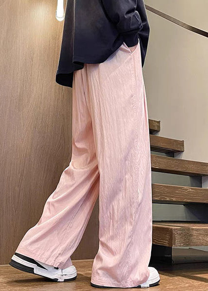 Wide Pants Waist Silk Pink Solid Elastic Leg Summer Ice Mens FashionChic