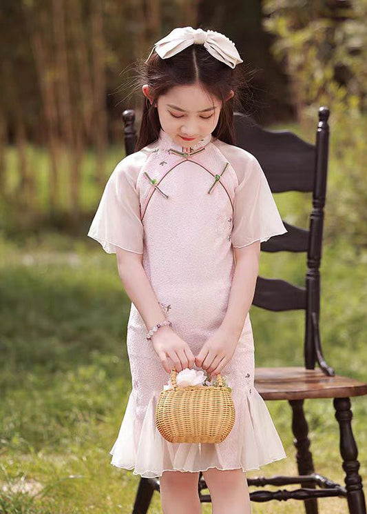 Collar Maxi Pink Stand Dress Button Sleeve Girls Short FashionChic
