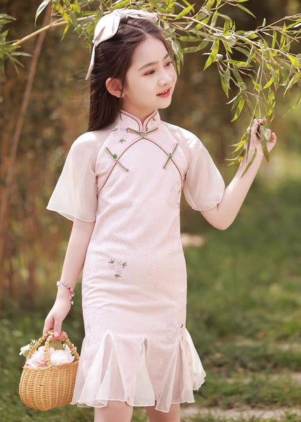 Collar Maxi Pink Stand Dress Button Sleeve Girls Short FashionChic