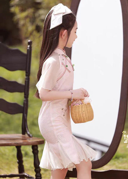 Collar Maxi Pink Stand Dress Button Sleeve Girls Short FashionChic