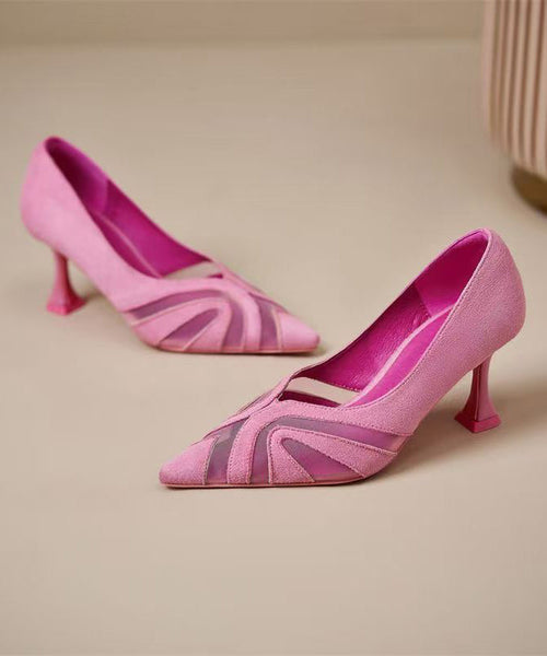 Splicing Tulle Chic Heels Suede High Pointed Toe Pink FashionChic