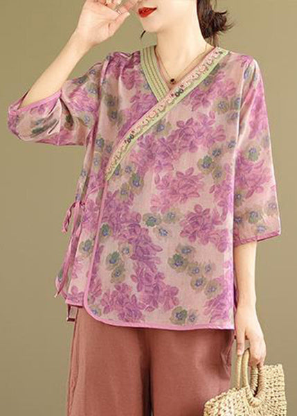 Pink Tie Waist Patchwork Shirt Summer UU031 OM-MM240820