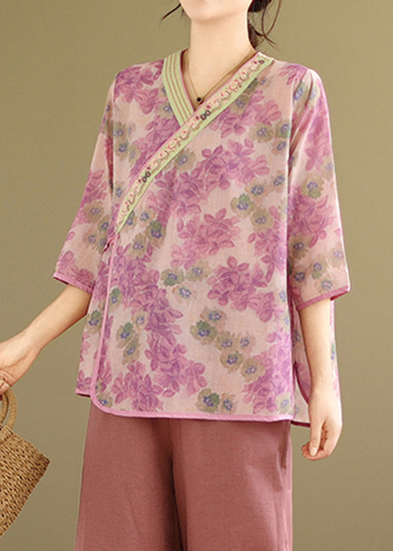 Pink Tie Waist Patchwork Shirt Summer UU031 OM-MM240820