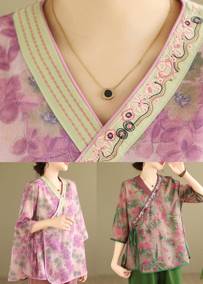 Pink Tie Waist Patchwork Shirt Summer UU031 OM-MM240820